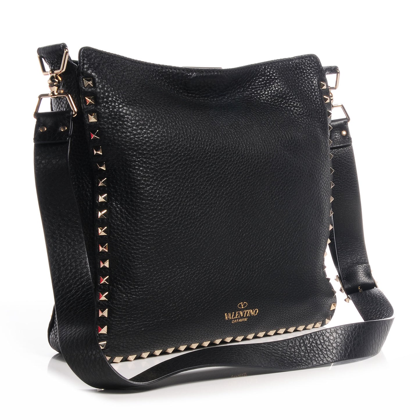 Pebbled Calfskin Large Rockstud Flip-Lock Messenger Bag Black