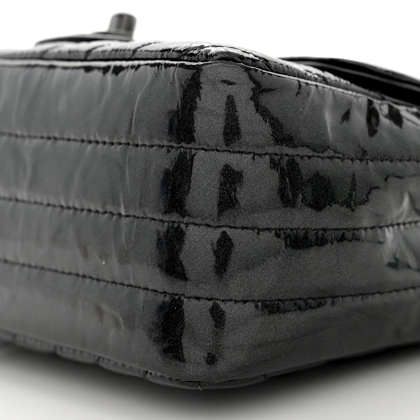 Metallic Patent Crumpled Calfskin Chevron Quilted Mini Square Flap Black