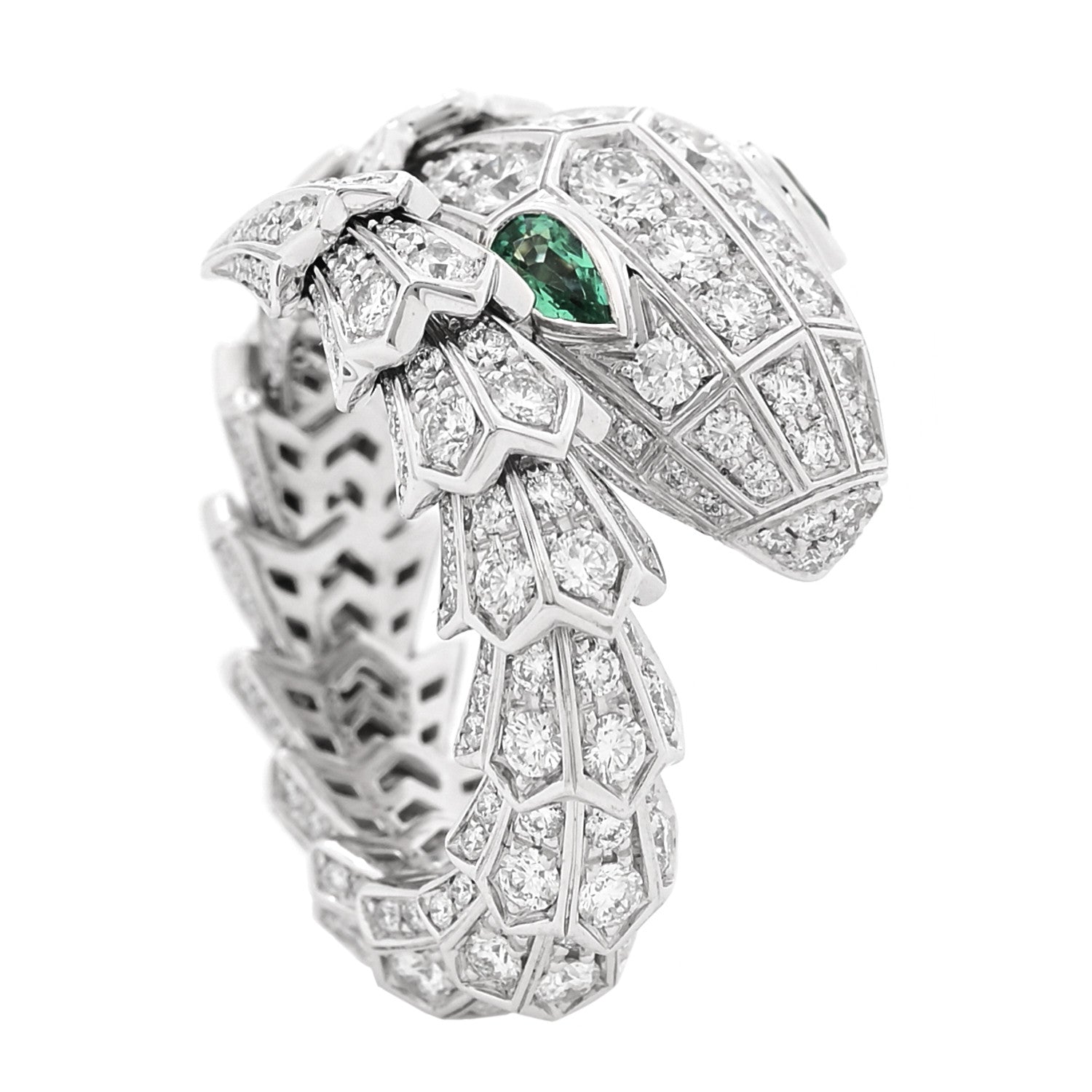Bulgari 18K White Gold Diamond Emerald Serpenti Pave Ring S 1 of 6