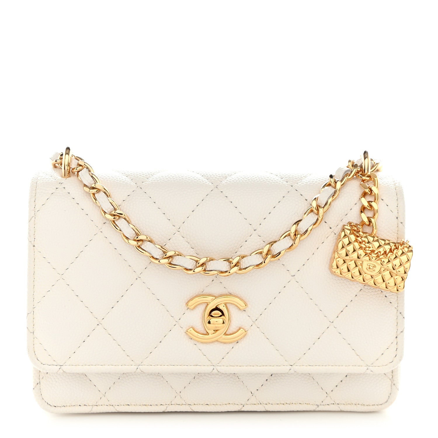Chanel Shiny Caviar Quilted Flap Charm Small Wallet On Chain WOC White 1 of 15