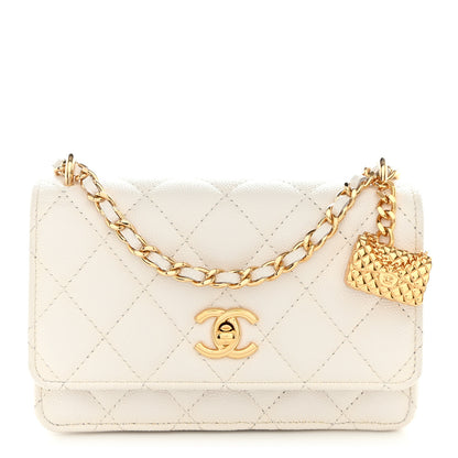 Chanel Shiny Caviar Quilted Flap Charm Small Wallet On Chain WOC White 1 of 15
