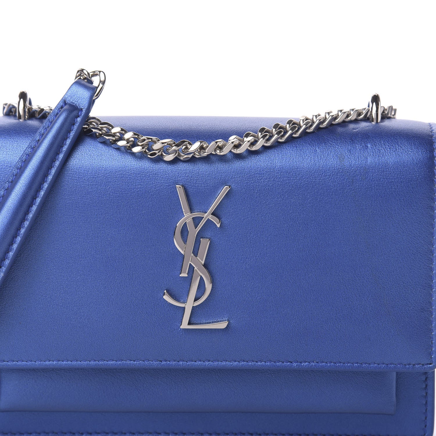 Saint Laurent Metallic Calfskin Monogram Sunset Chain Wallet Blue Royal 11 of 13