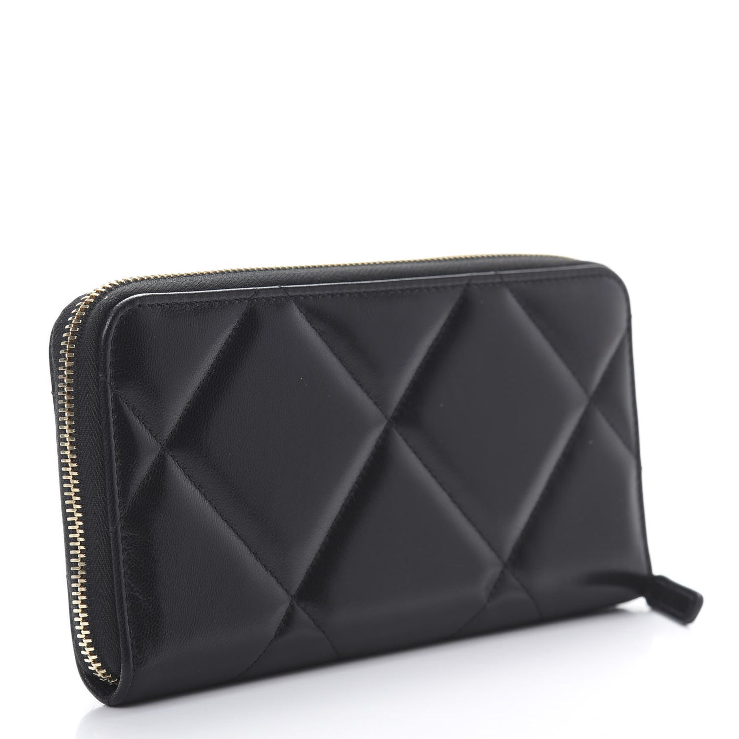 Shiny Goatskin Quilted Chanel 19 Long Zipped Around Wallet Black