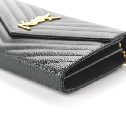 Saint Laurent Grain De Poudre Matelasse Chevron Monogram Chain Wallet Dark Green 7 of 10