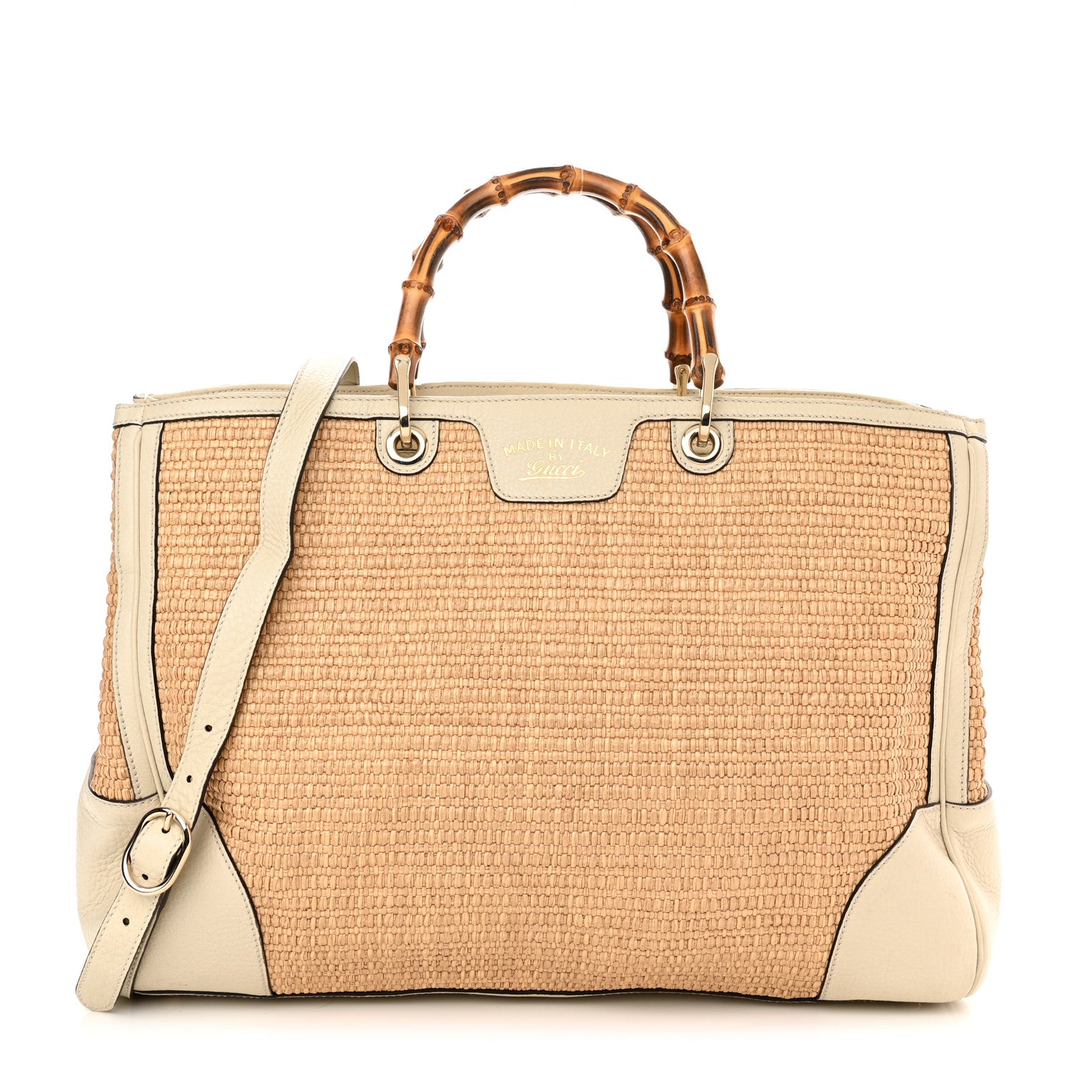 Gucci Calfskin Straw Large Bamboo Shopper Tote Natural 1 of 13