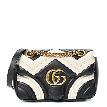 Gucci Calfskin Matelasse Mini GG Marmont Shoulder Bag Black White 1 of 13