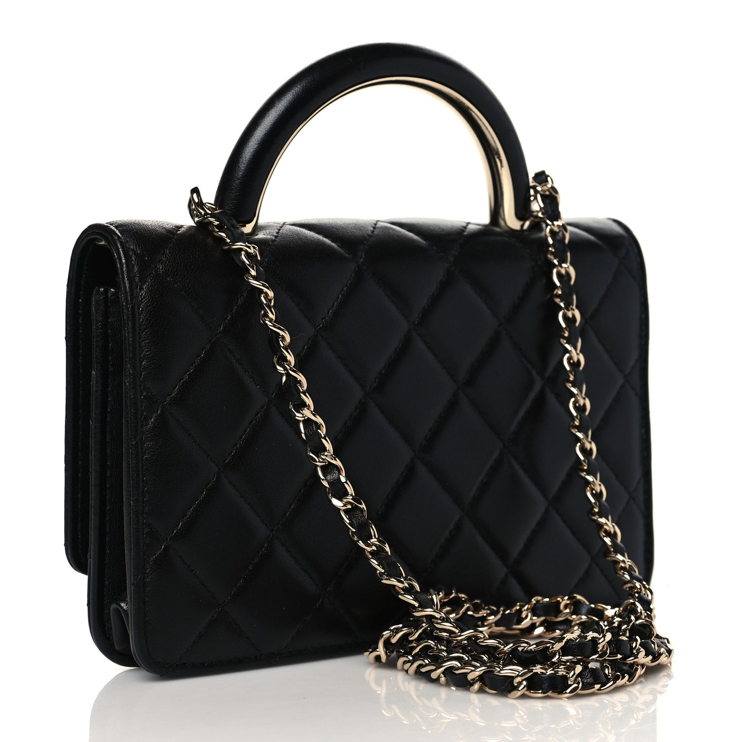 Lambskin Quilted Top Handle Wallet On Chain WOC Black