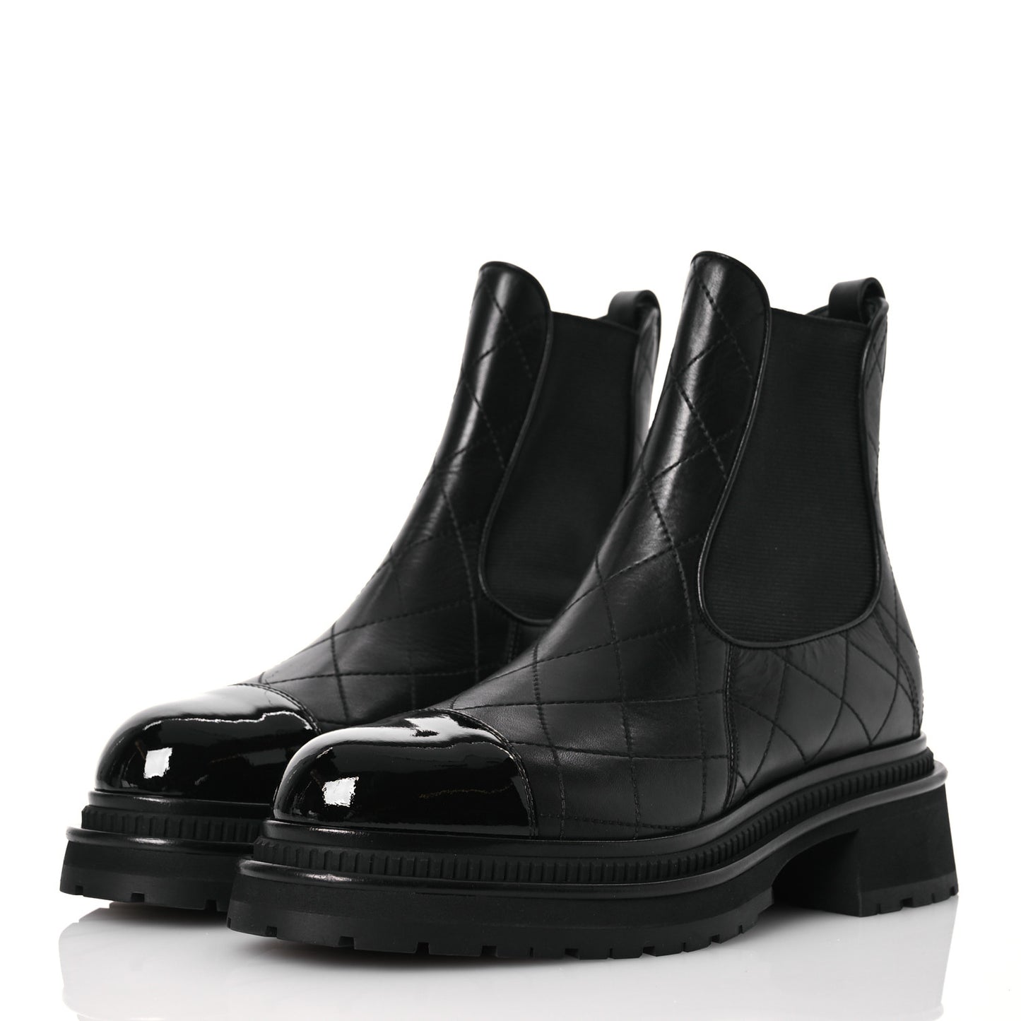 Calfskin Patent Cap Toe Quilted Short Boots 40 Black