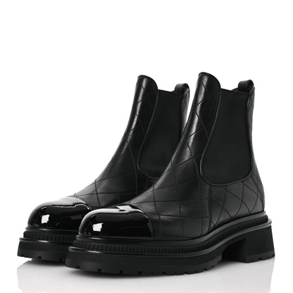 Chanel Calfskin Patent Cap Toe Quilted Short Boots 40 Black 3 of 9