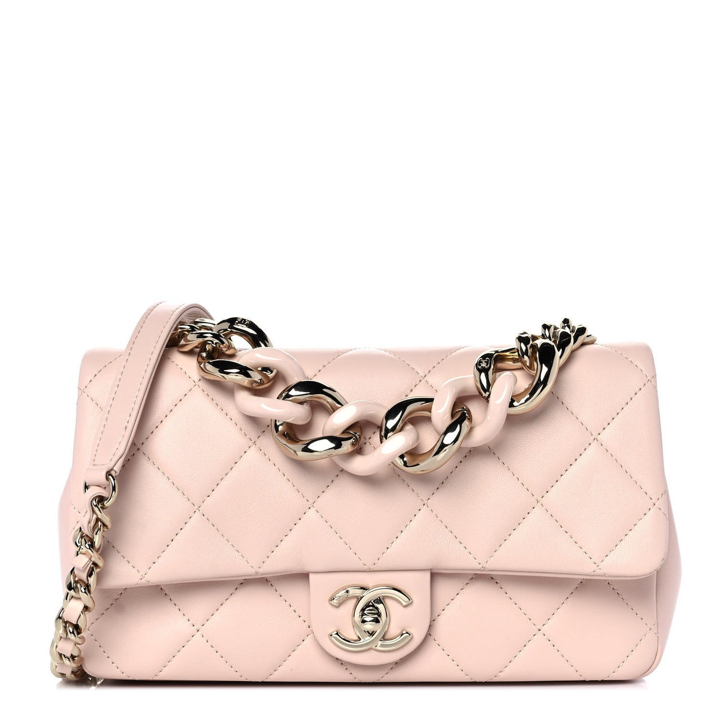 Lambskin Quilted Resin Bi-Color Chain Flap Bag Light Beige