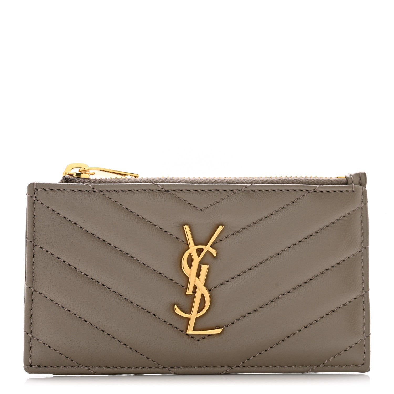Saint Laurent Calfskin Matelasse Chevron Monogram Fragments Zippered Card Case Greyish Brown 1 of 8