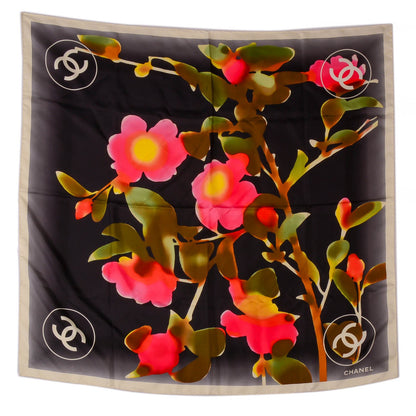 Chanel Silk Camellia Watercolor Flower Scarf Black 2 of 5
