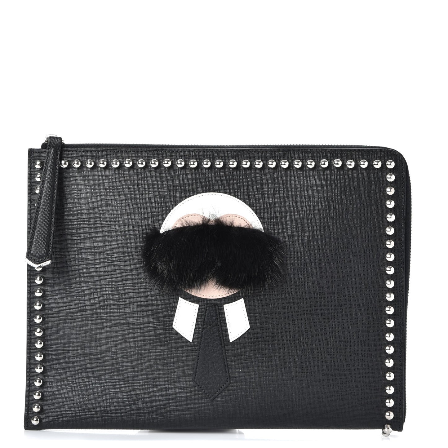 Vitello Elite Mink Fur Studded Karlito Zip Around Pouch Black