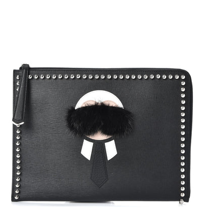 Fendi Vitello Elite Mink Fur Studded Karlito Zip Around Pouch Black 1 of 7