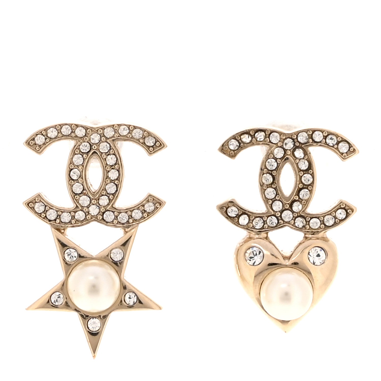 Chanel Crystal Pearl Charming Winter CC Star Heart Earrings Gold 1 of 5