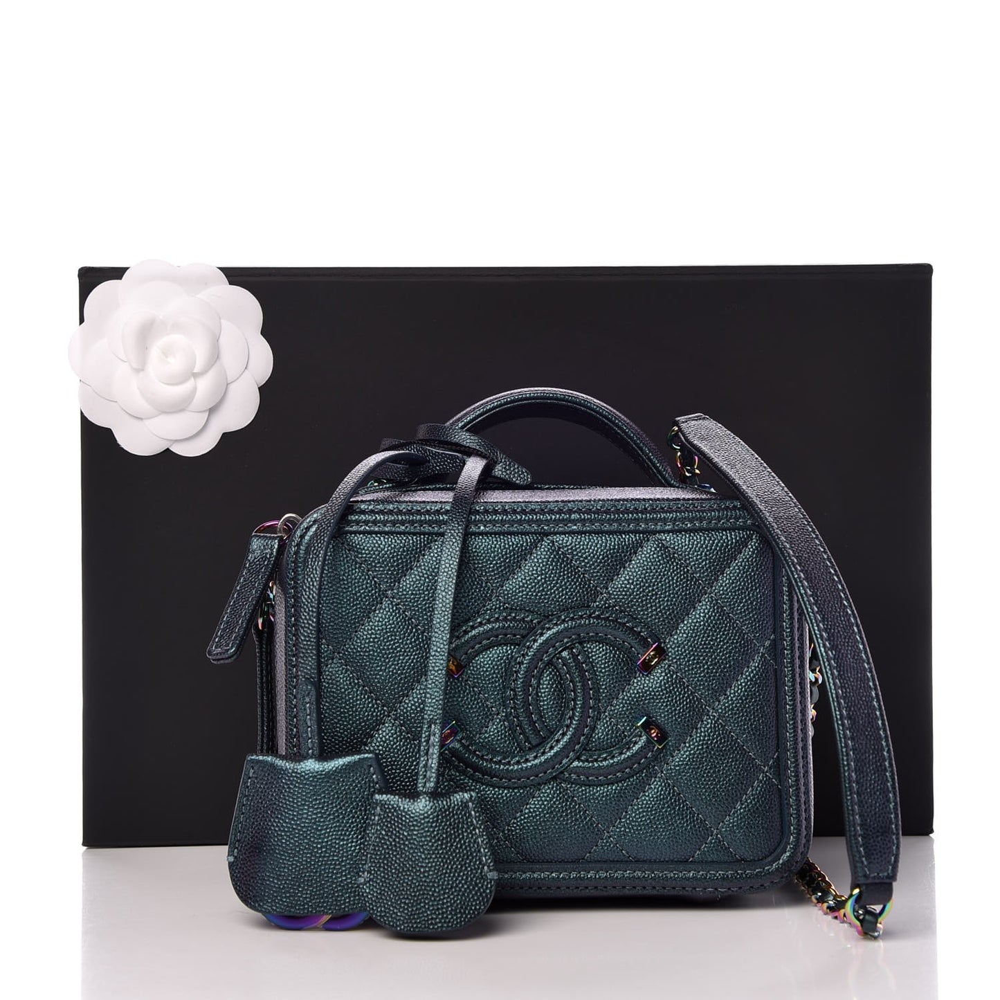 Iridescent Caviar Quilted Small CC Filigree Vanity Case Dark Turquoise
