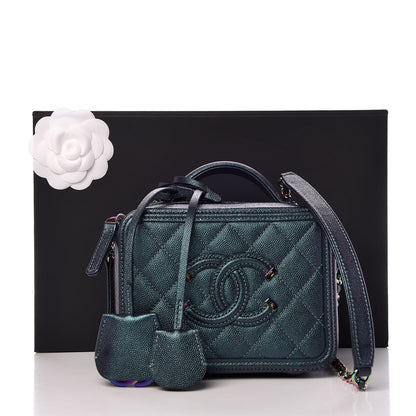 Chanel Iridescent Caviar Quilted Small CC Filigree Vanity Case Dark Turquoise 8 of 8