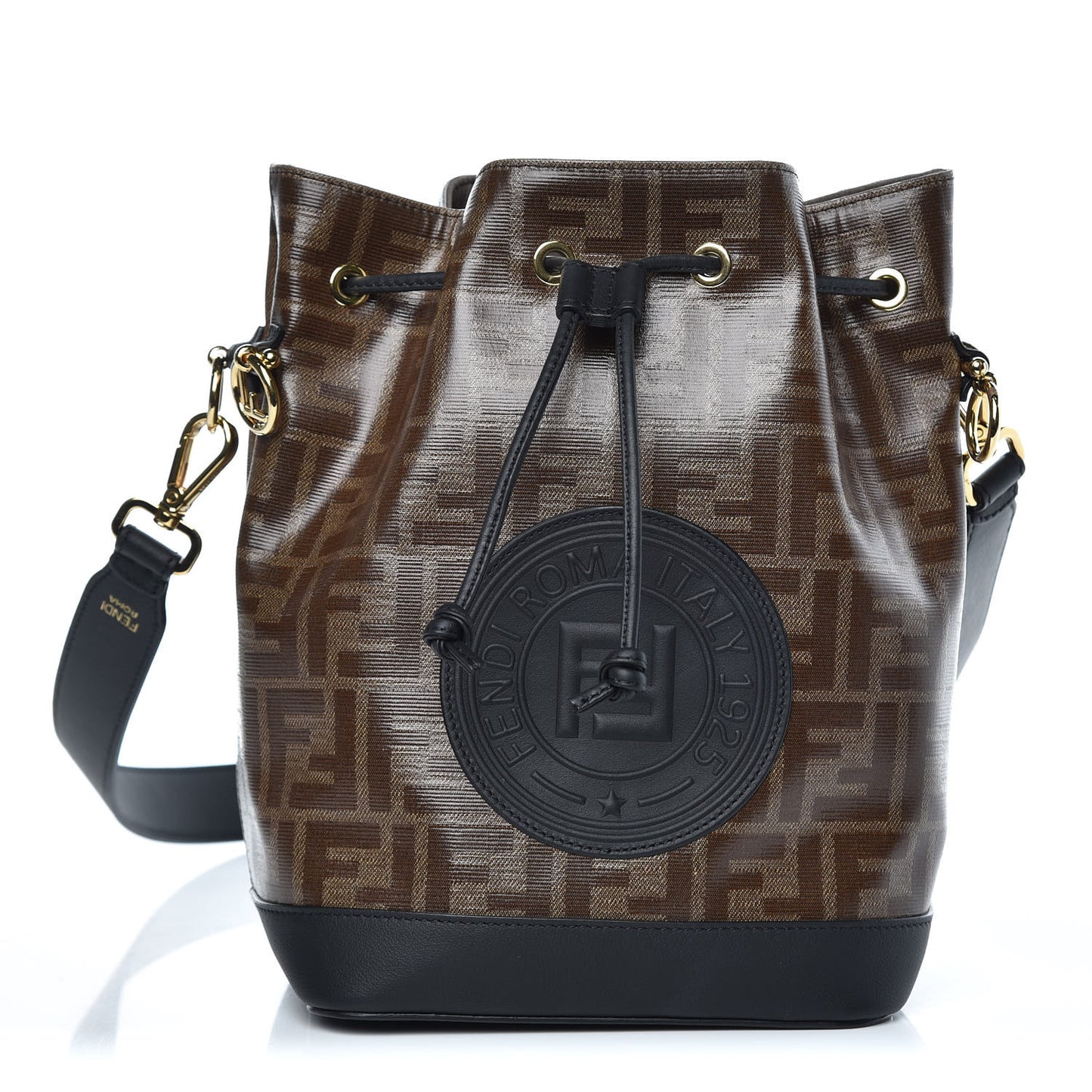 Glazed Fabric Vitello Grace F is Fendi FF 1974 Stamp Patch Grande Mon Tresor Bucket Bag Mogano Panna Black