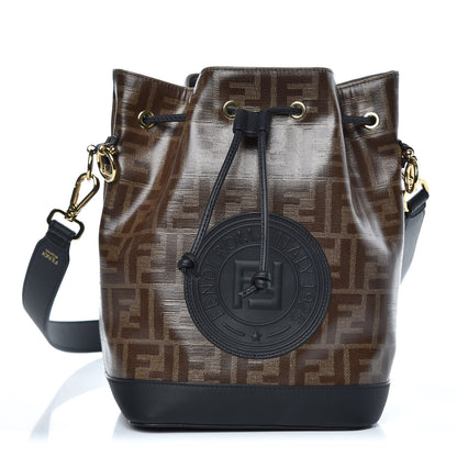 Fendi Glazed Fabric Vitello Grace F is Fendi FF 1974 Stamp Patch Grande Mon Tresor Bucket Bag Mogano Panna Black 1 of 10