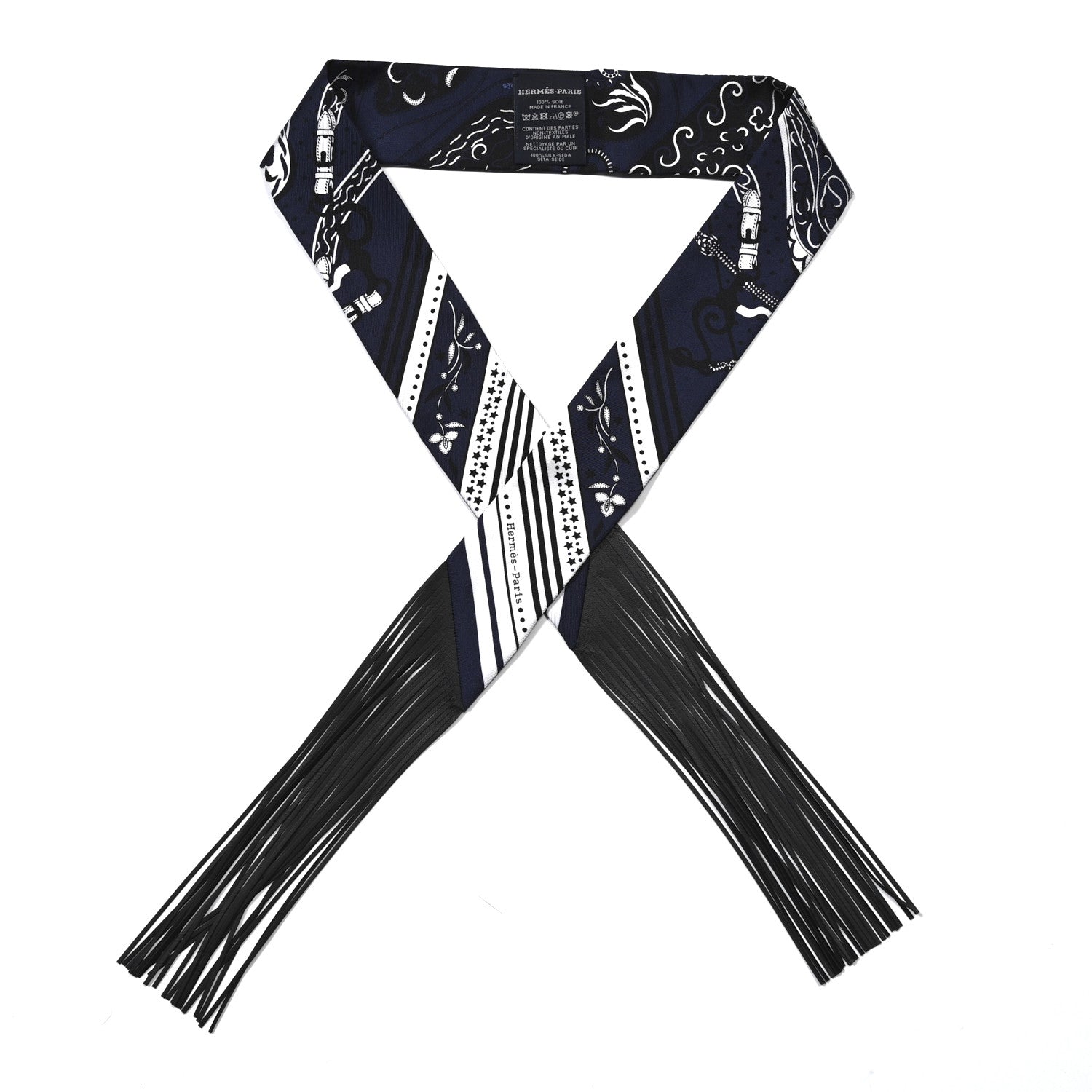 Hermes Silk Festival Des Amazones Bandana Fringed Twilly Bleu Black 1 of 4