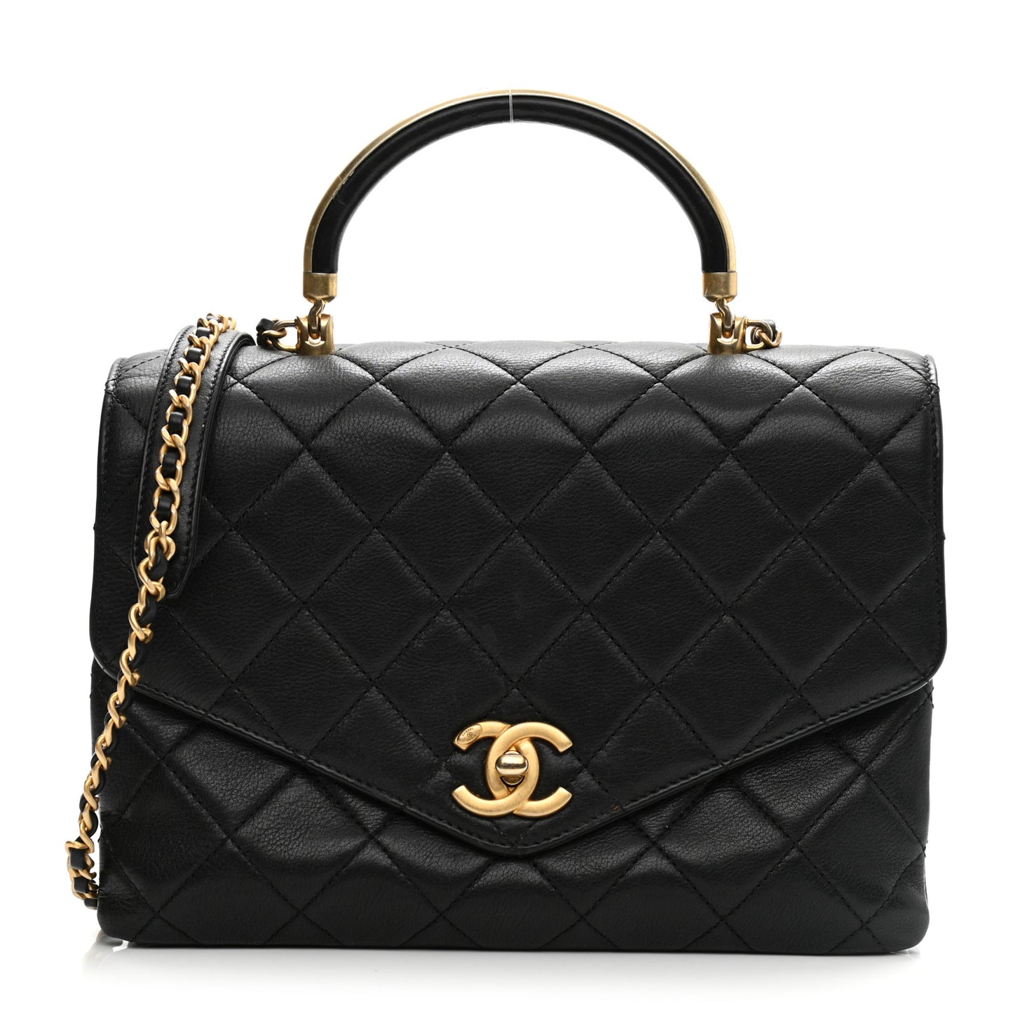 Calfskin Quilted Small Gold Top Handle Flap Black