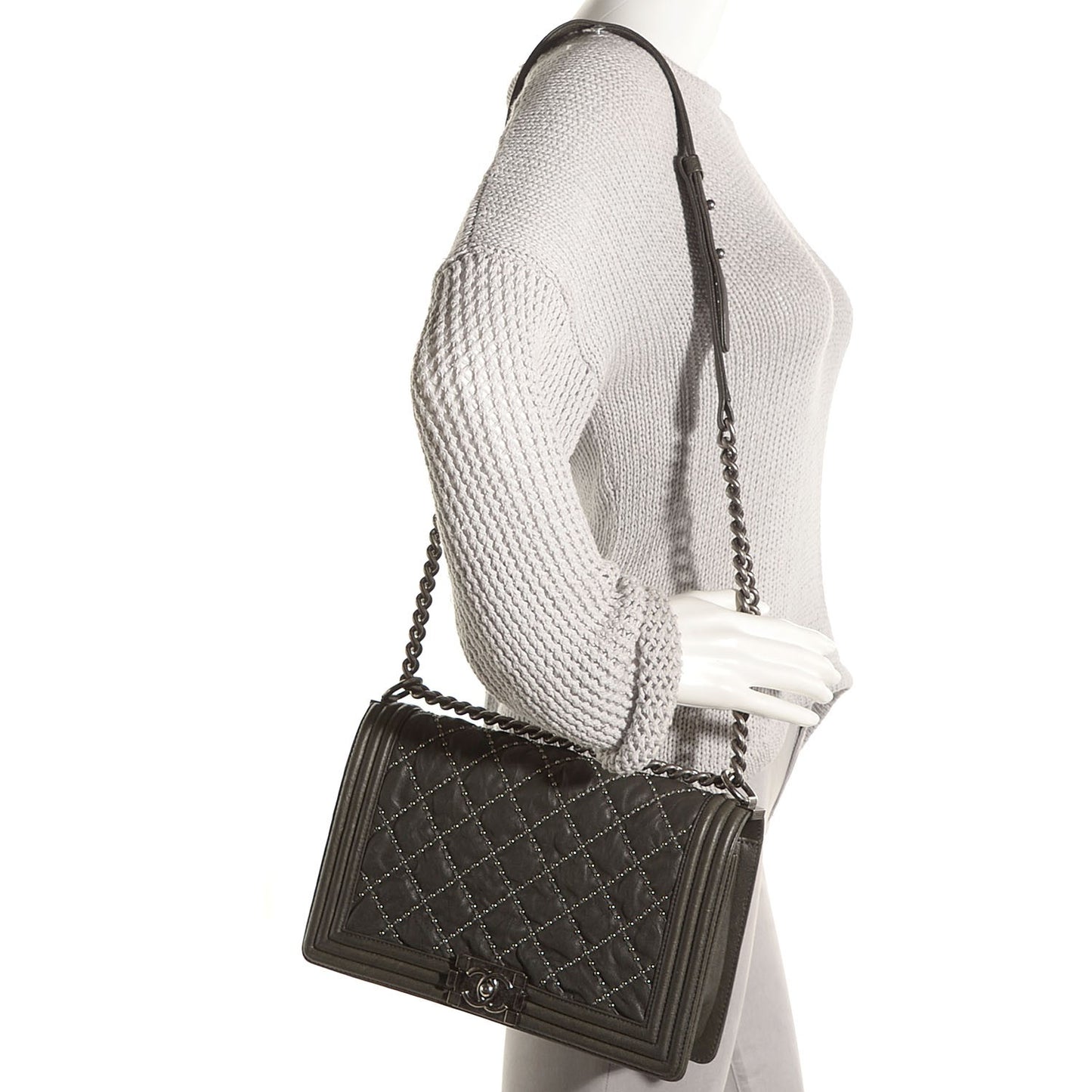 Crumpled Lambskin Large Studded Boy Flap Dark Gray