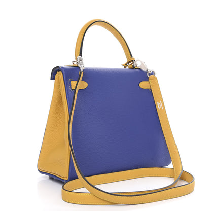Hermes Togo Horseshoe Kelly Retourne 25 Bleu Electrique Jaune Ambre 4 of 11