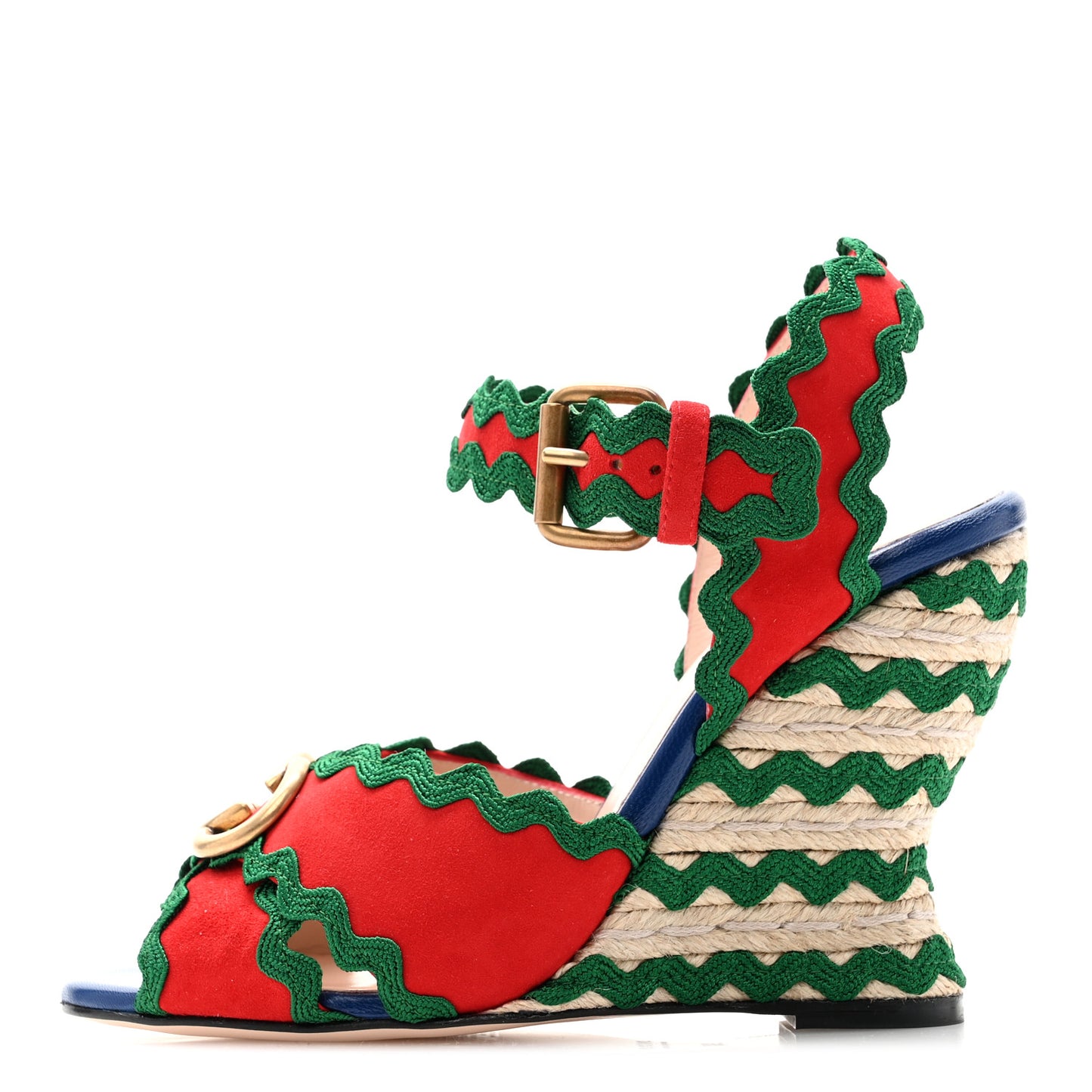 Kid Scamosciato Interlocking G Wavy Colorblock Wedge Sandals 38 Hibiscus Red Emerald