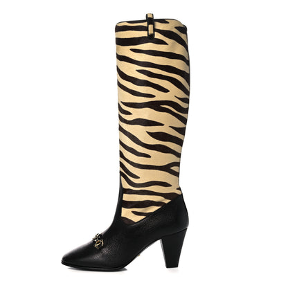 Gucci Calf Hair Wrinkled Kid Tiger Print Zumi Knee Boots Natural Black 1 of 8