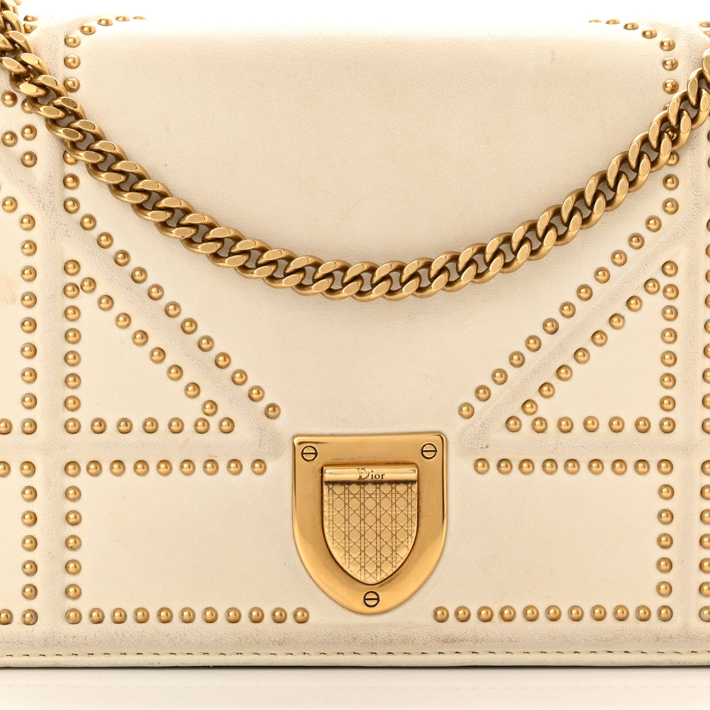 Lambskin Studded Diorama Wallet on Chain Pouch Off White