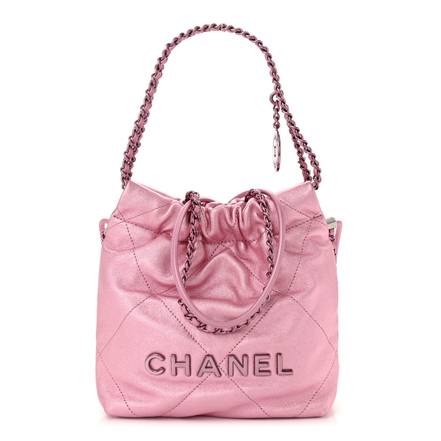 Metallic Lambskin Lacquered Monochrome Quilted Mini Chanel 22 Pink