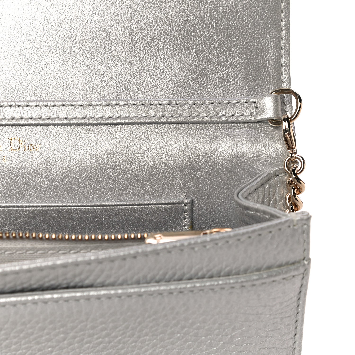 Christian Dior Metallic Grained Calfskin Diorama Wallet on Chain Pouch Silver 10 of 10