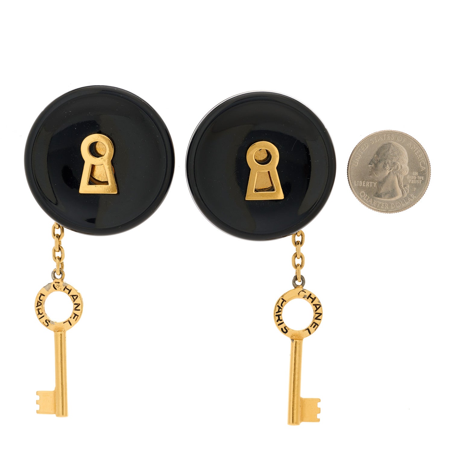 Chanel Resin Lock Key Drop Clip On Earrings Gold Black 2 of 6