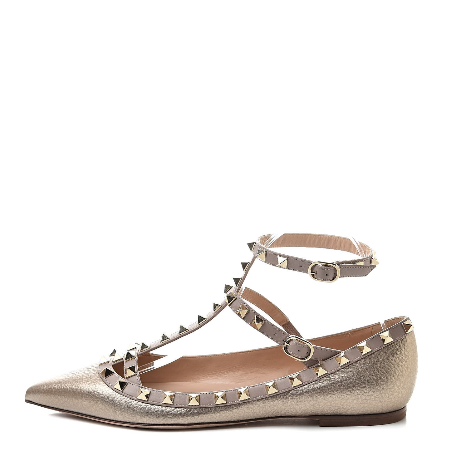 Metallic Pebbled Calfskin Rockstud Cage Ballerina Flats 39 Sasso Poudre