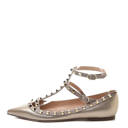 Valentino Garavani Metallic Pebbled Calfskin Rockstud Cage Ballerina Flats 39 Sasso Poudre 1 of 10