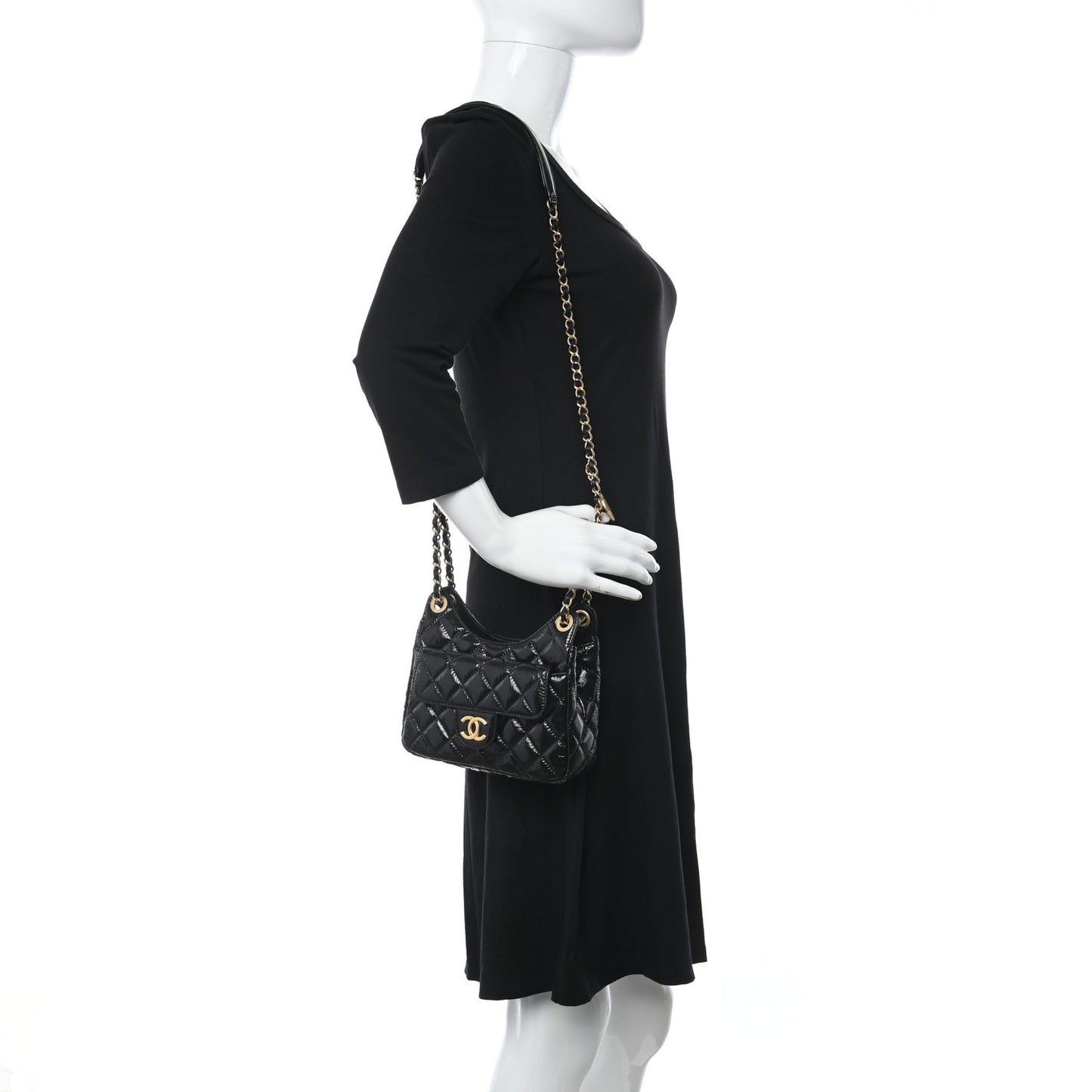 Shiny Crumpled Calfskin Quilted Small Wavy CC Hobo Black