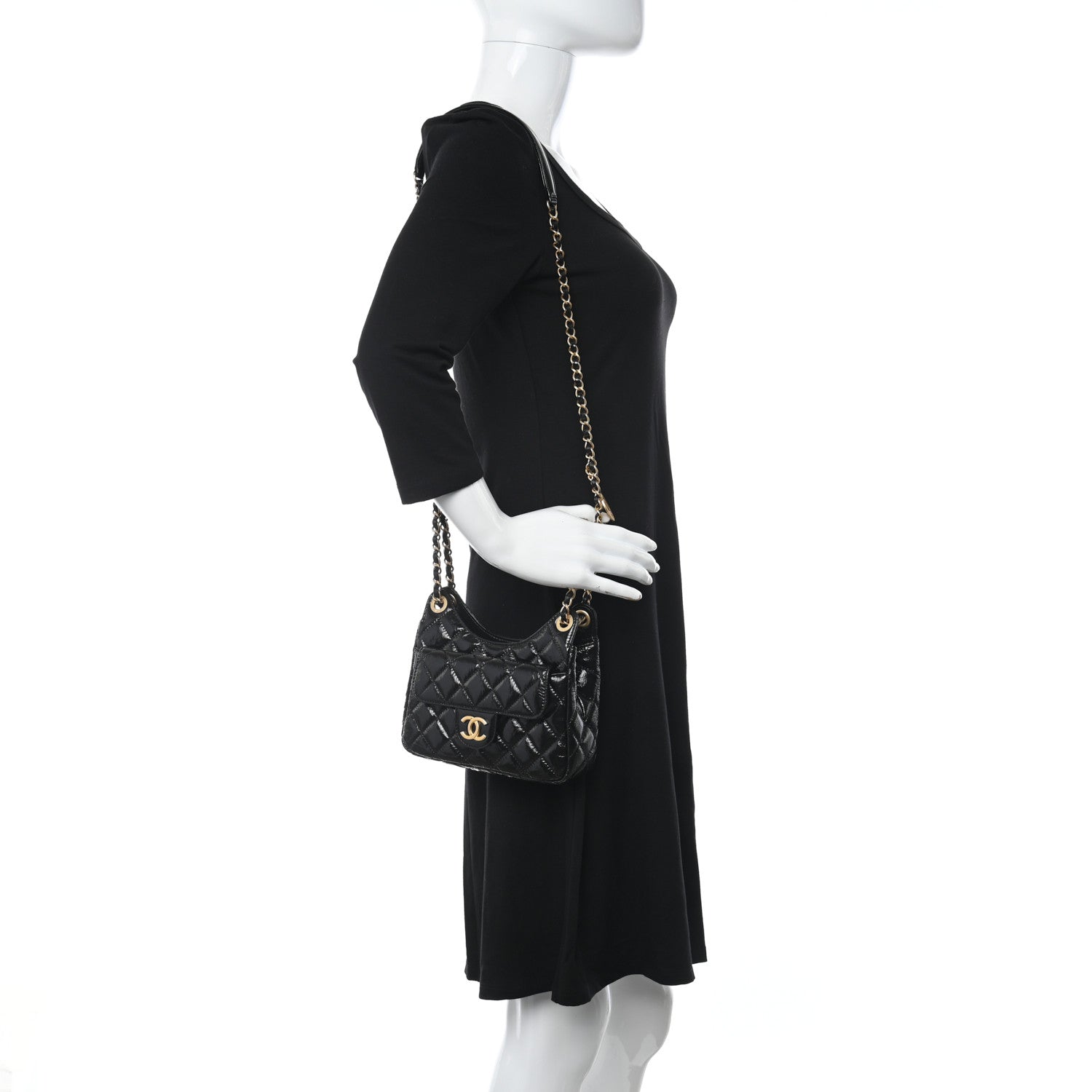 Chanel Shiny Crumpled Calfskin Quilted Small Wavy CC Hobo Black 2 of 9