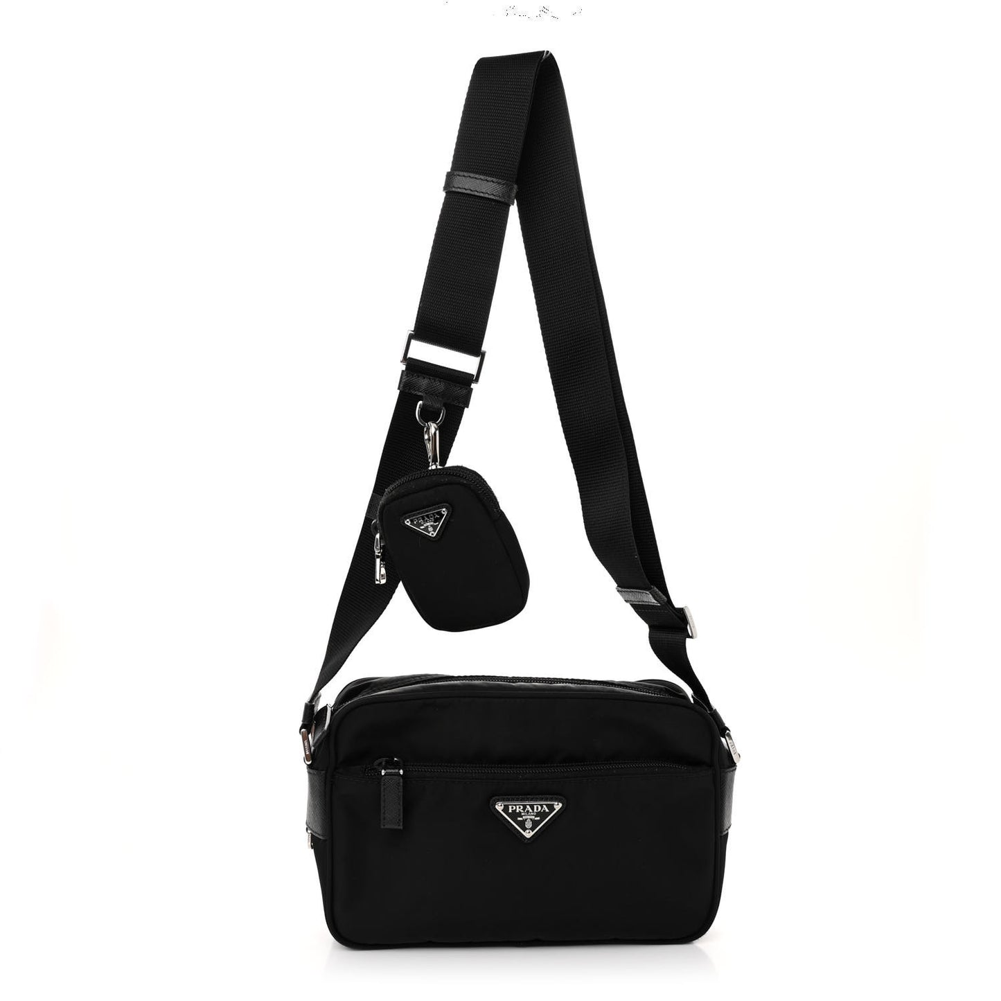 Re-Nylon Vela Saffiano Pocket Double Zip Shoulder Bag Black
