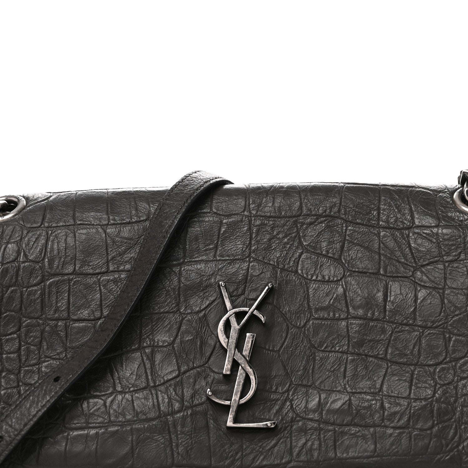 Saint Laurent Calfskin Crocodile Embossed Medium West Hollywood Monogram Fold-Over Grey 8 of 12