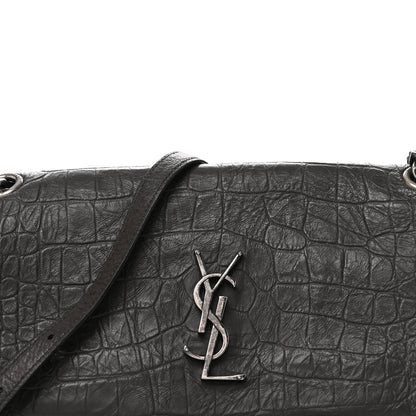 Saint Laurent Calfskin Crocodile Embossed Medium West Hollywood Monogram Fold-Over Grey 8 of 12