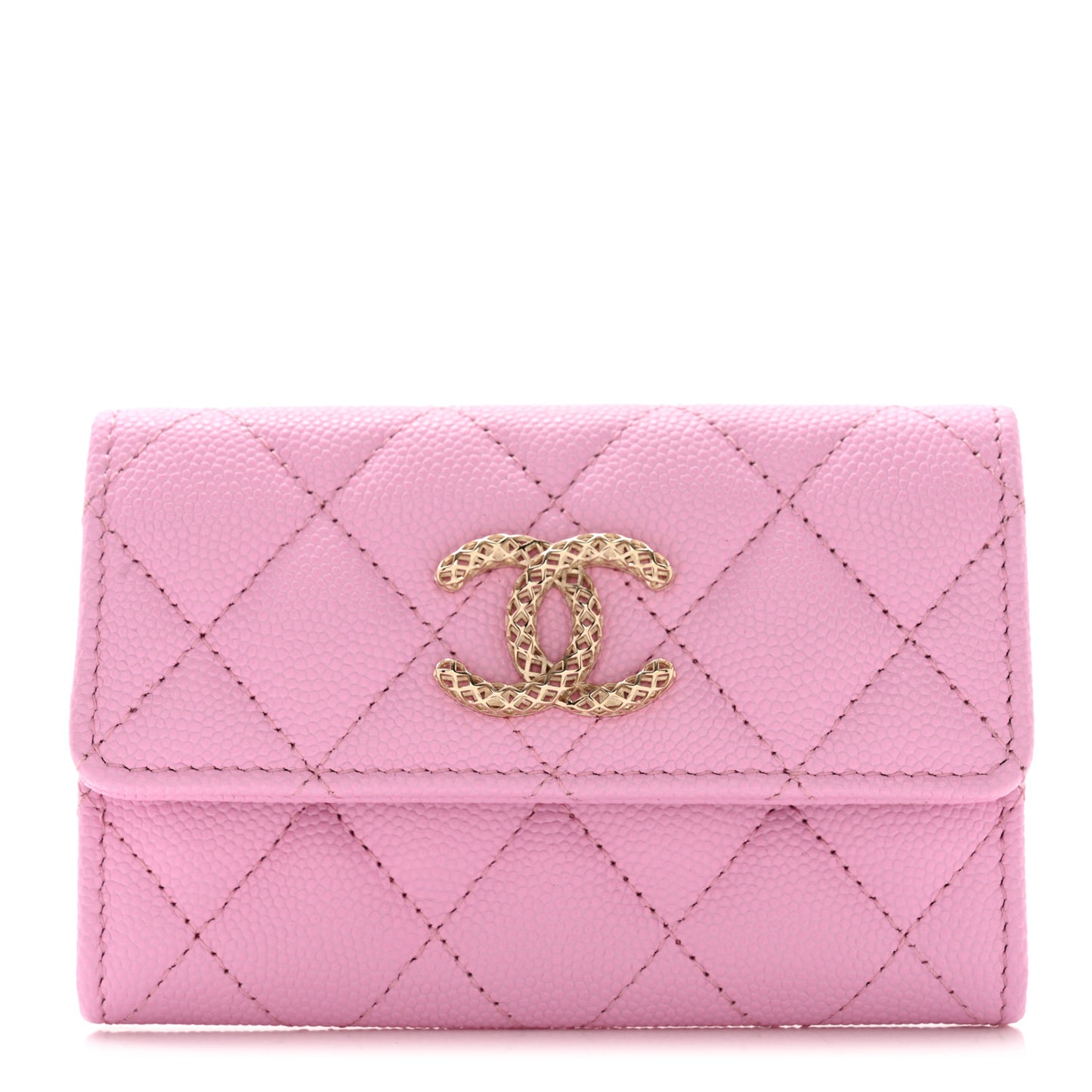 Caviar Metal Perforated Quilted CC Flap Card Holder Pink Green