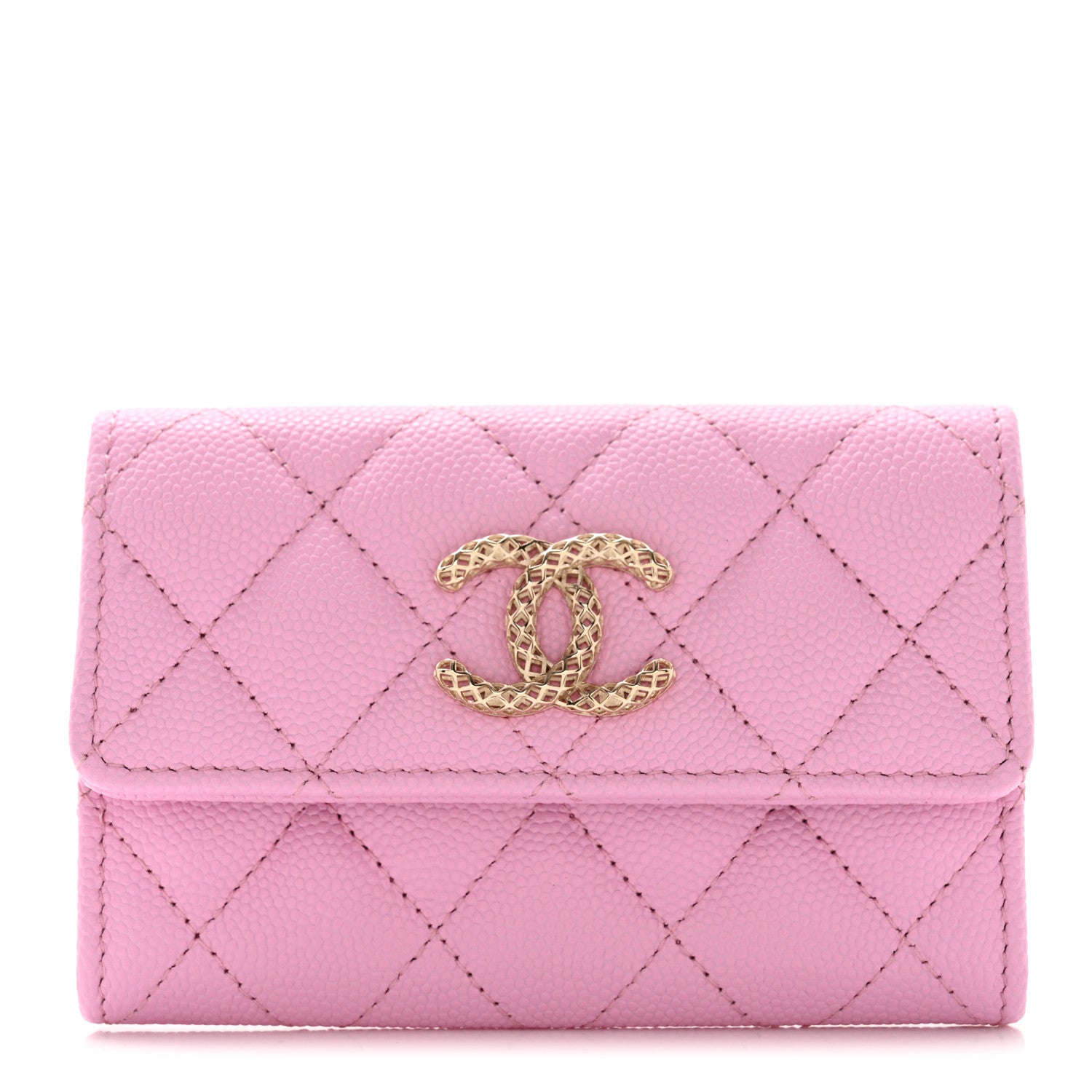 Chanel Caviar Metal Perforated Quilted CC Flap Card Holder Pink Green 1 of 9