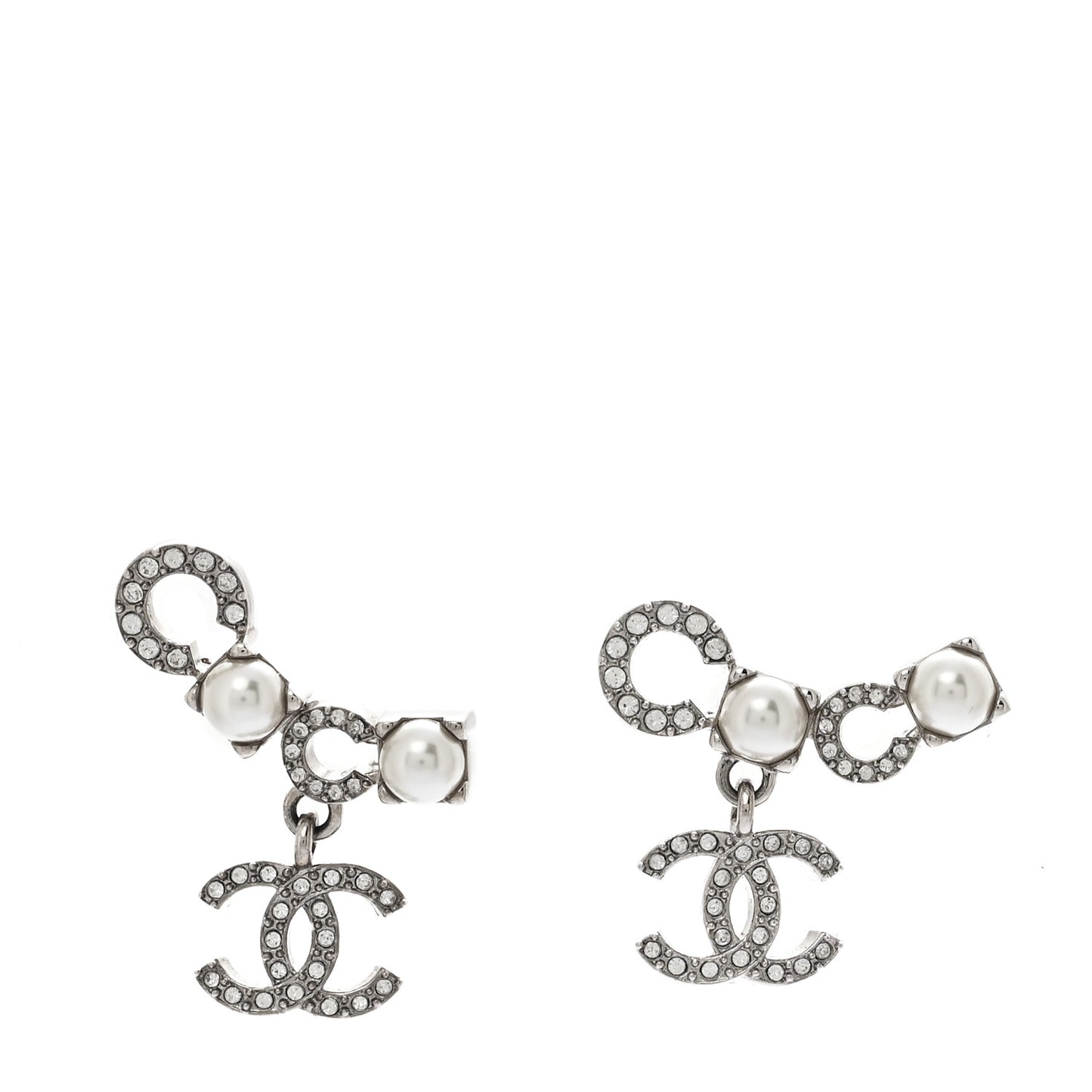Metal Crystal Pearl Coco CC Earrings Silver