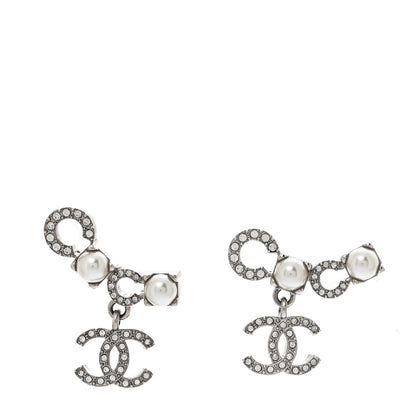 Chanel Metal Crystal Pearl Coco CC Earrings Silver 1 of 5