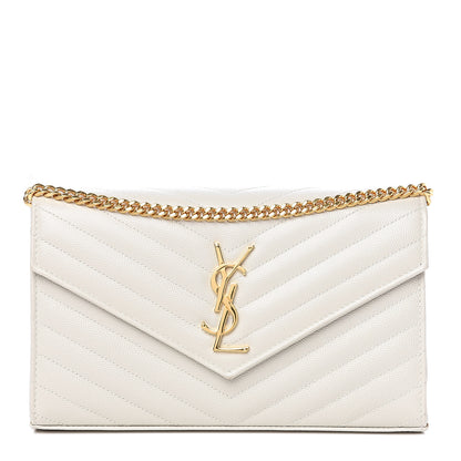Saint Laurent Grain De Poudre Matelasse Chevron Monogram Chain Wallet Cream 1 of 11