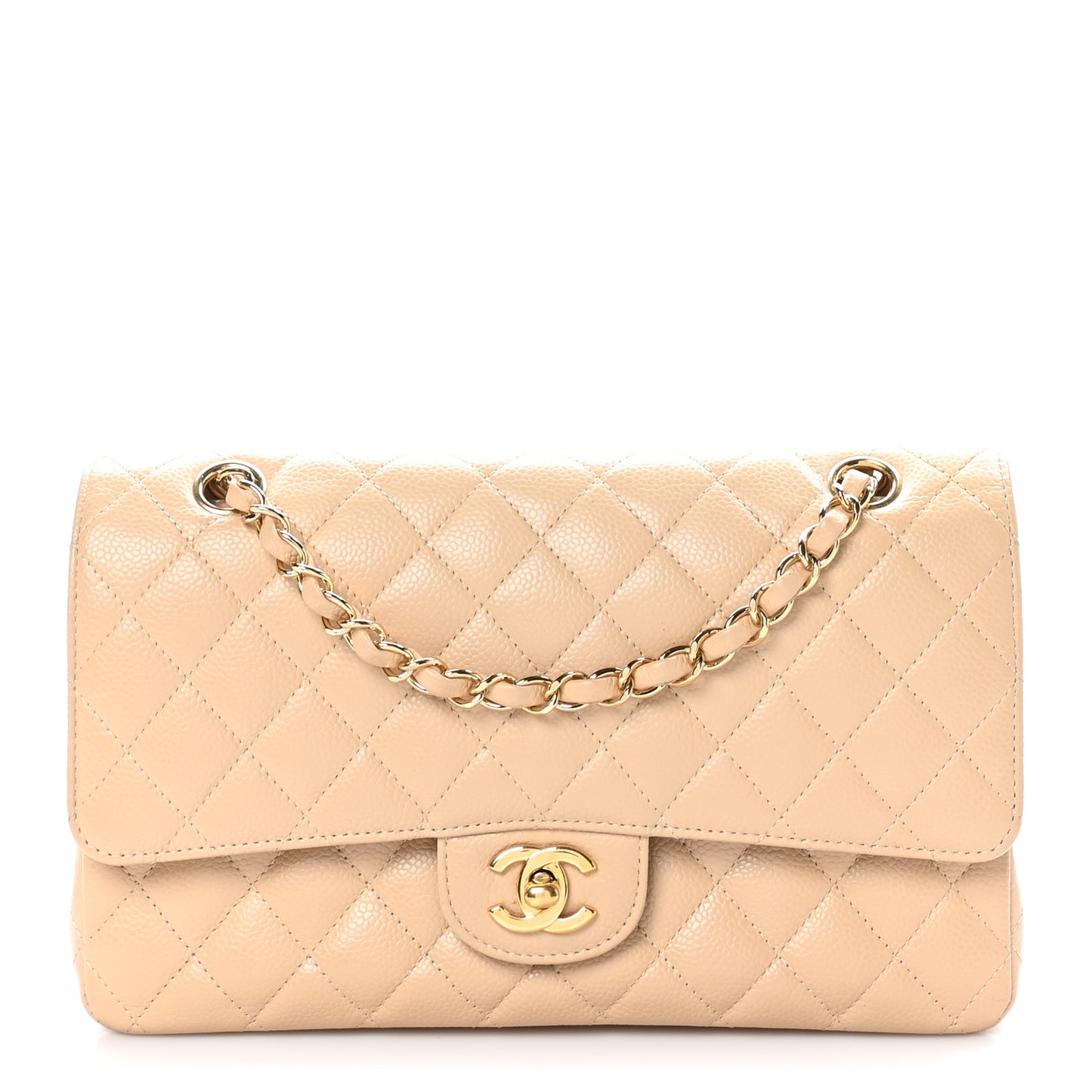 Caviar Quilted Medium Double Flap Beige