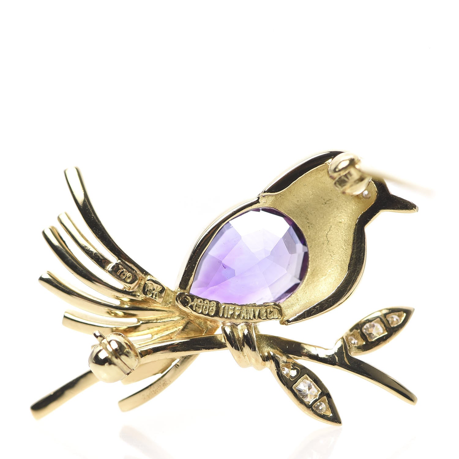 Tiffany 18K Yellow Gold Diamond Amethyst Bird Brooch Pin 5 of 5