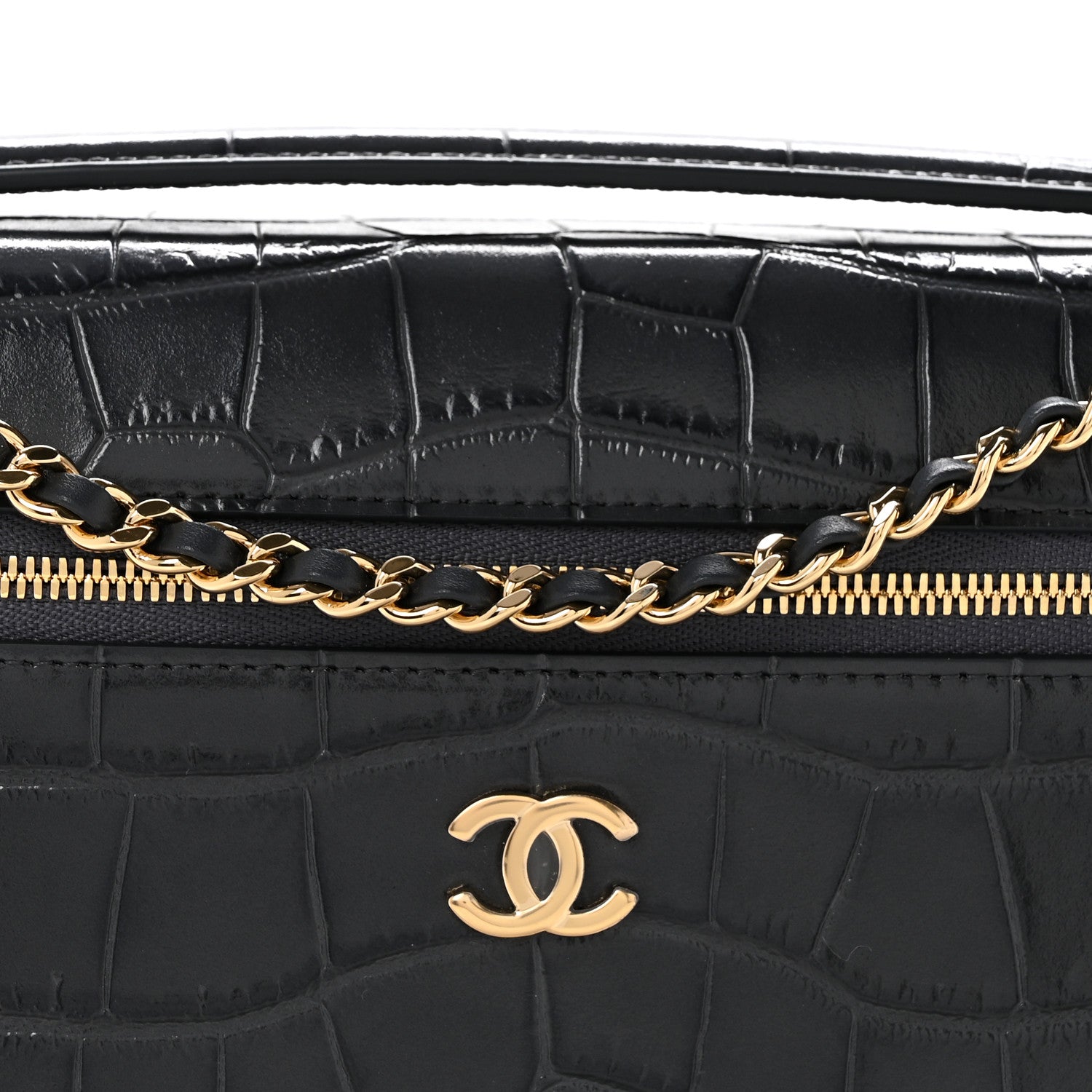 Chanel Calfskin Crocodile Embossed Top Handle Vanity Case With Chain Black Grey 8 of 11