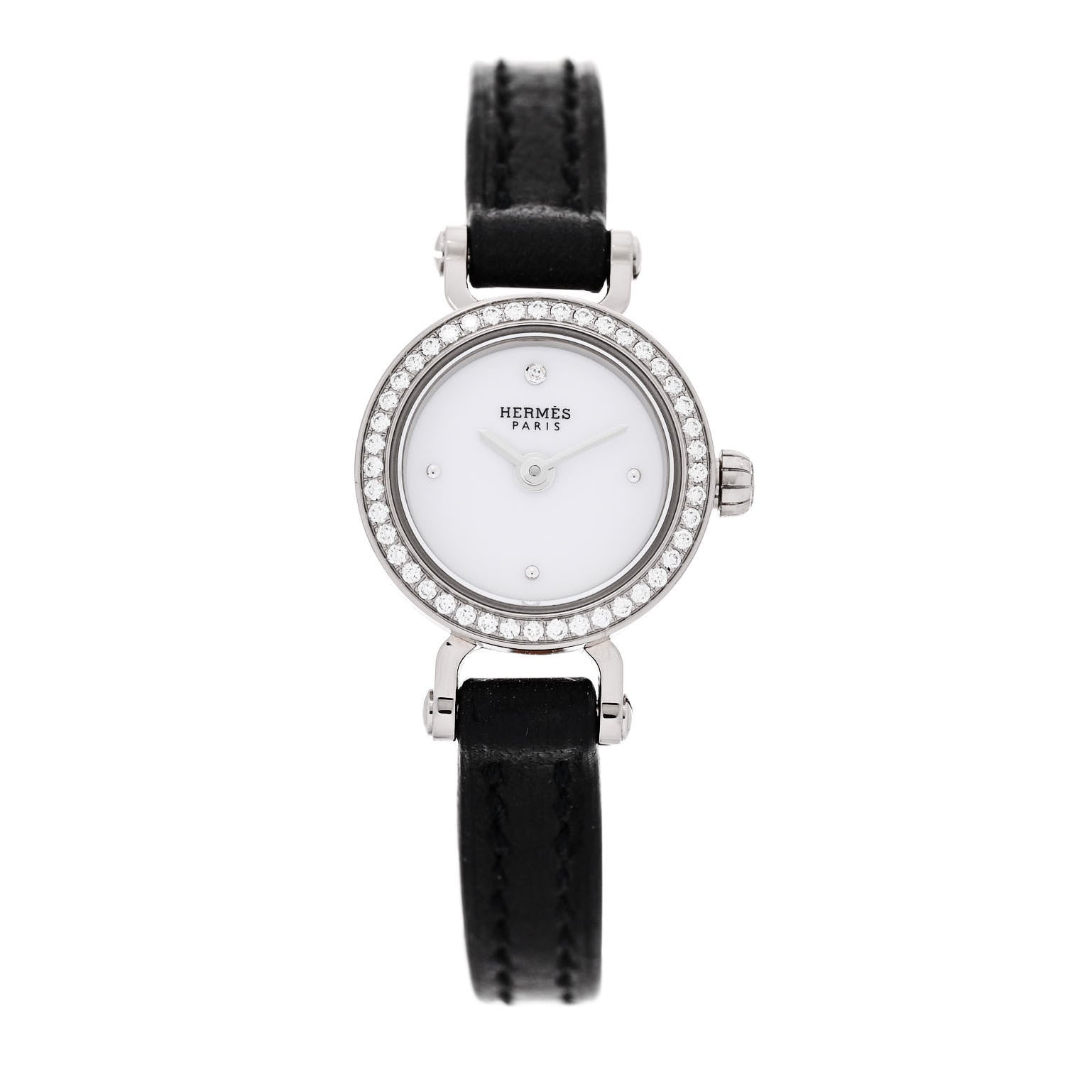Hermes 18K White Gold Barenia Diamond 16mm Faubourg Quartz Watch Noir 1 of 5