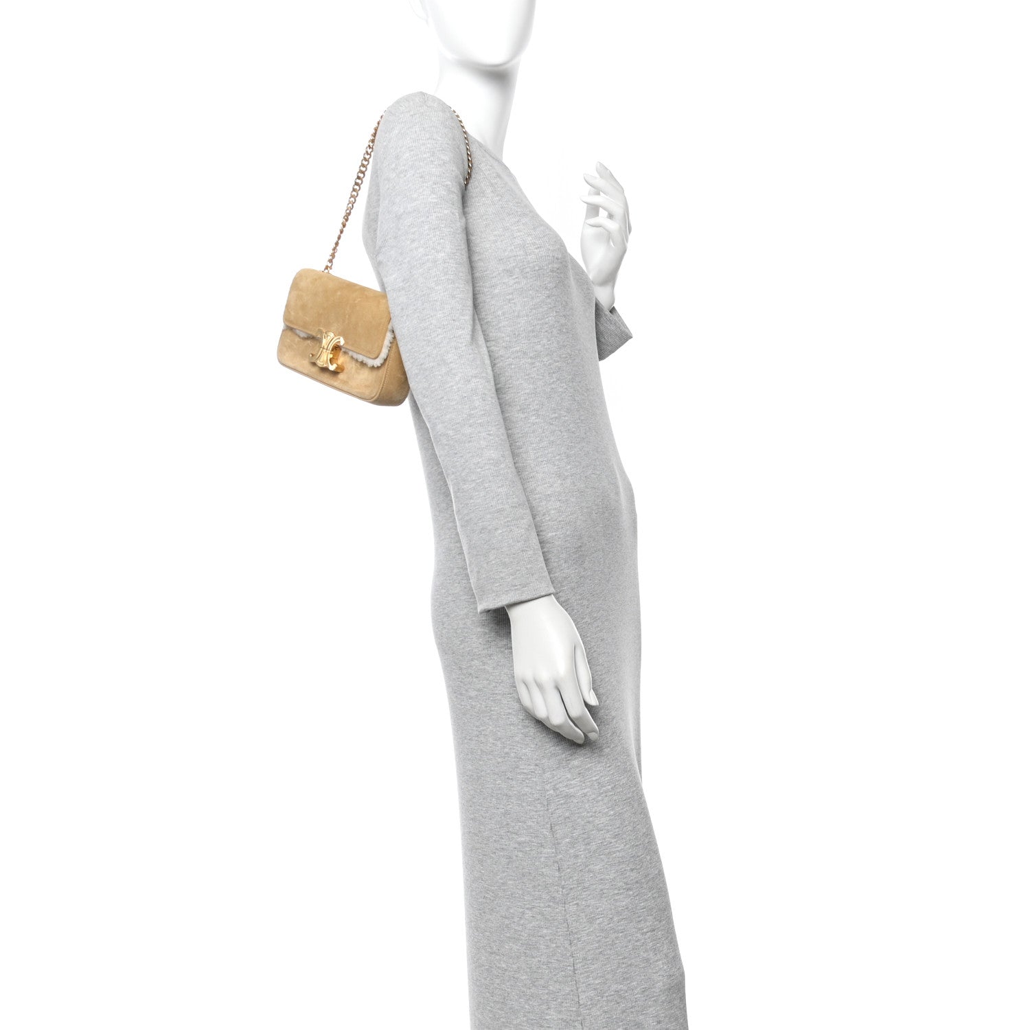 Celine Suede Shearling Triomphe Chain Shoulder Bag Beige 1825022